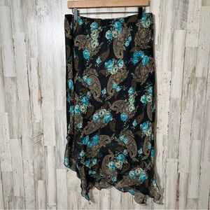 Vintage Y2K Floral Paisley Brown Blue‎ Asymmetrical Midi Skirt Womens 12/L